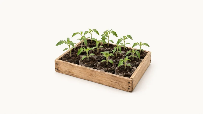 Isolated a wooden tomato-seedling tray of peat plugs with first true leaves centred on a seamless pale off-white studio background, generous empty margin on every side for overlaid branding
