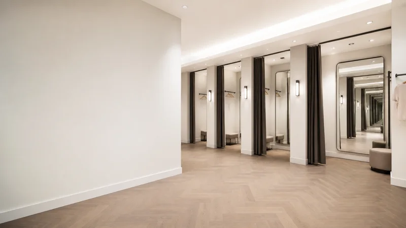 Wide interior view of a bright fitting-room area with no people, soft even indoor light, clean uncluttered foreground for text