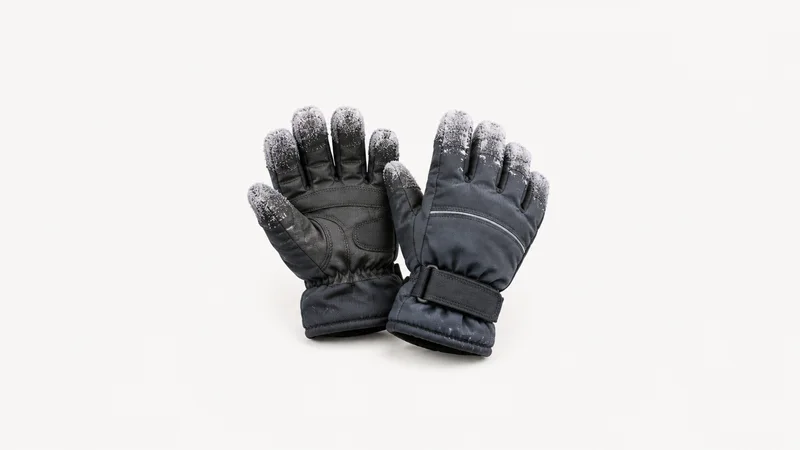 Isolated an insulated freezer glove pair stiff with frost on the fingertips centred on a seamless pale off-white studio background, generous empty margin on every side for overlaid branding