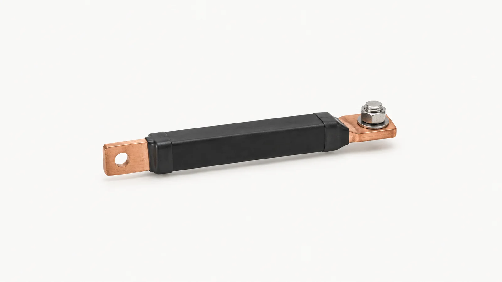 Isolated an insulated copper bus bar with a bolted lug termination centred on a seamless pale off-white studio background, generous empty margin on every side for overlaid branding