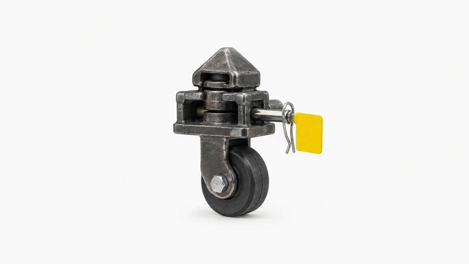 Isolated a rubber-wheeled container chassis twist-lock with a pin flag centred on a seamless pale off-white studio background, generous empty margin on every side for overlaid branding