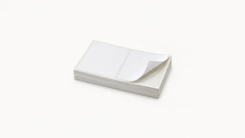 Isolated a stack of thermal shipping-label sheets peeling at one corner centred on a seamless pale off-white studio background, generous empty margin on every side for overlaid branding