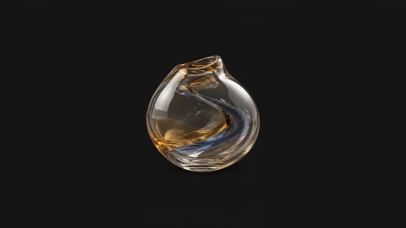 Isolated a half-formed glass bubble with a swirl of trapped colour centred on a seamless deep charcoal near-black studio background, generous empty margin on every side for overlaid branding