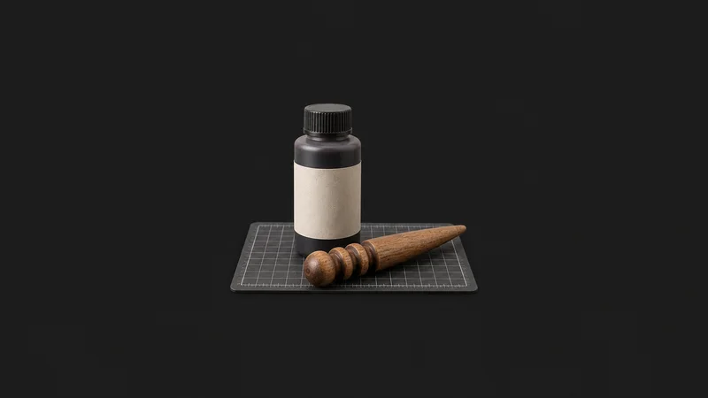 Isolated a bottle of edge dye beside a wooden slicker on a cutting mat centred on a seamless deep charcoal near-black studio background, generous empty margin on every side for overlaid branding