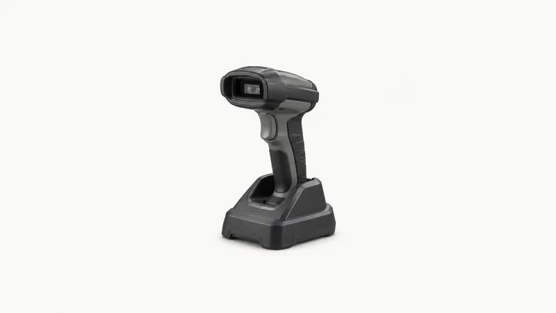 Isolated a rugged handheld barcode scanner in a cradle without a screen image centred on a seamless pale off-white studio background, generous empty margin on every side for overlaid branding