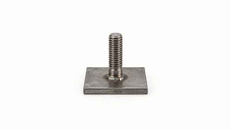 Isolated a threaded steel weld stud fixed to a flat plate centred on a seamless pale off-white studio background, generous empty margin on every side for overlaid branding