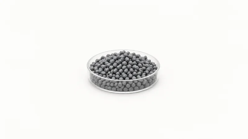 Isolated a colour-masterbatch pellet sample in a small tray centred on a seamless pale off-white studio background, generous empty margin on every side for overlaid branding