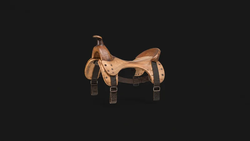 Isolated a wooden saddle tree with webbing straps centred on a seamless deep charcoal near-black studio background, generous empty margin on every side for overlaid branding