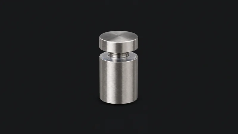 Isolated a brushed stainless-steel standoff fixing set centred on a seamless deep charcoal near-black studio background, generous empty margin on every side for overlaid branding