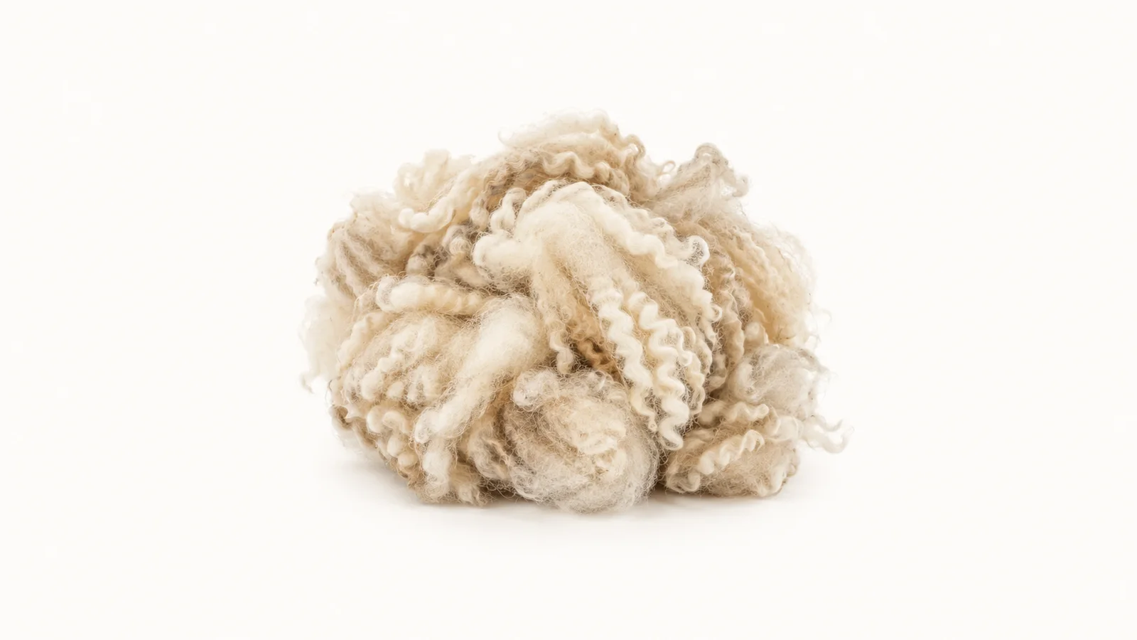 Isolated a bundle of raw wool fleece staples centred on a seamless pale off-white studio background, generous empty margin on every side for overlaid branding