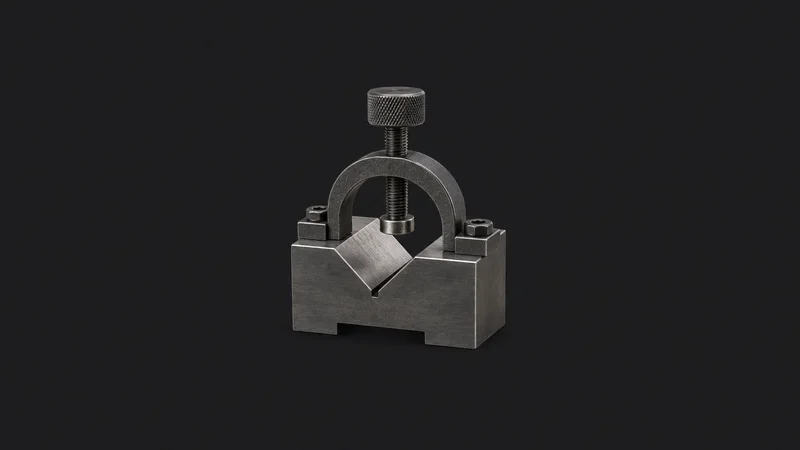 Isolated a ground steel V-block with clamp centred on a seamless deep charcoal near-black studio background, generous empty margin on every side for overlaid branding