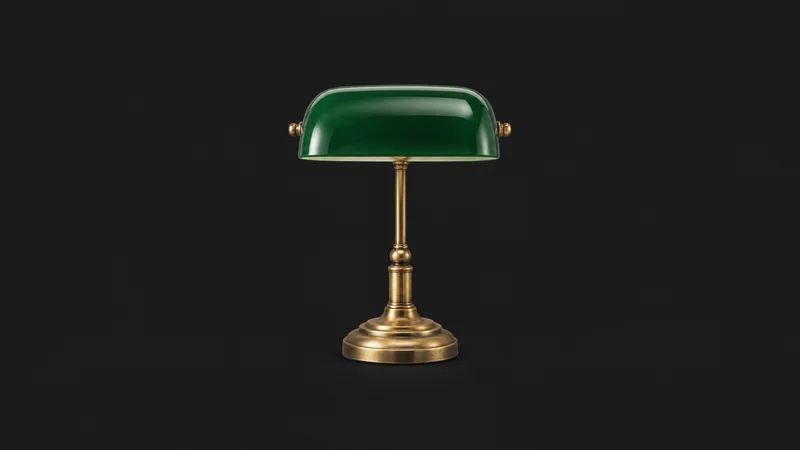 Isolated a green-shade banker's lamp with a brass stem centred on a seamless deep charcoal near-black studio background, generous empty margin on every side for overlaid branding