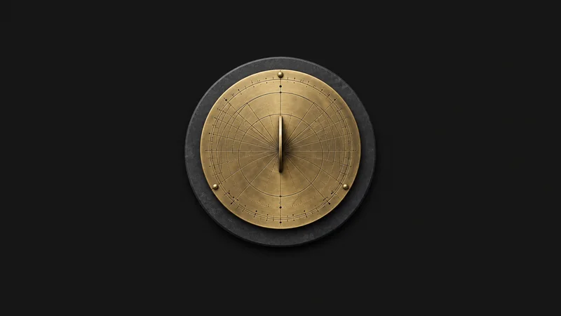 Isolated a plan-view brass sun-path dial on a base centred on a seamless deep charcoal near-black studio background, generous empty margin on every side for overlaid branding