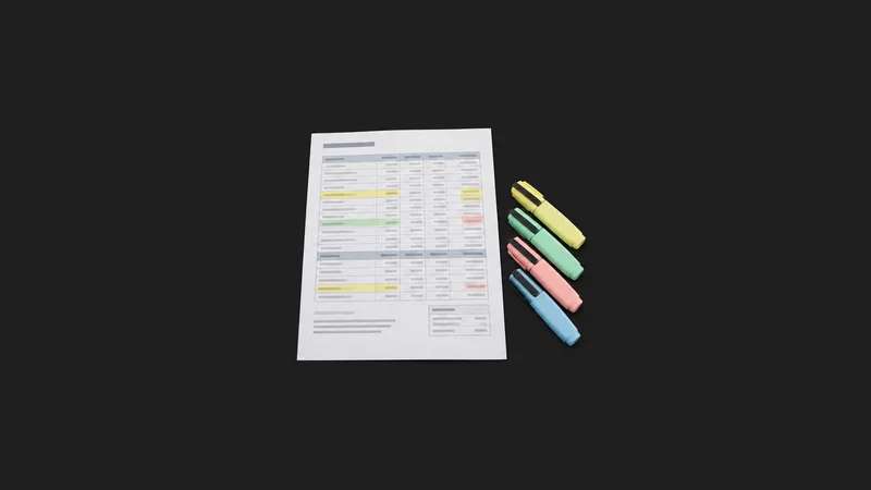 Isolated a highlighter set arranged beside a printed reconciliation sheet centred on a seamless deep charcoal near-black studio background, generous empty margin on every side for overlaid branding