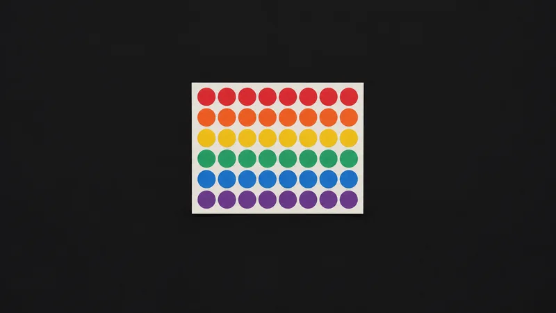 Isolated a set of colour-coded dot stickers on a sheet centred on a seamless deep charcoal near-black studio background, generous empty margin on every side for overlaid branding