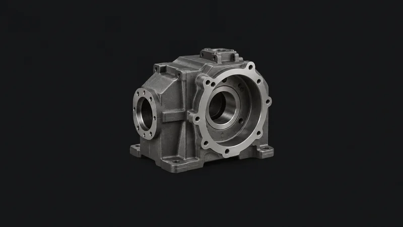Isolated a cast-metal gearbox housing with a machined face centred on a seamless deep charcoal near-black studio background, generous empty margin on every side for overlaid branding