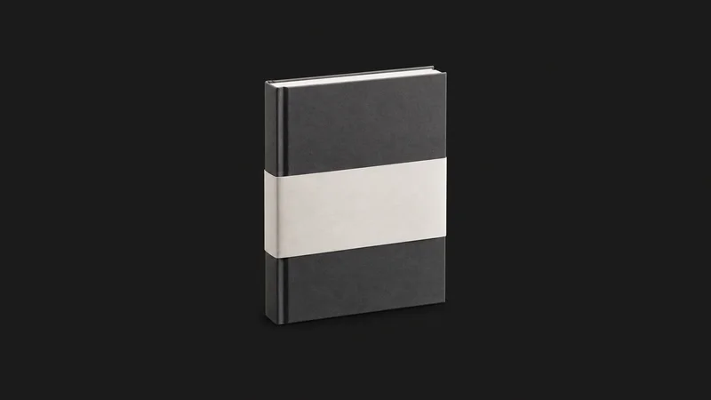 Isolated a bound prospectus with a wraparound cover band centred on a seamless deep charcoal near-black studio background, generous empty margin on every side for overlaid branding