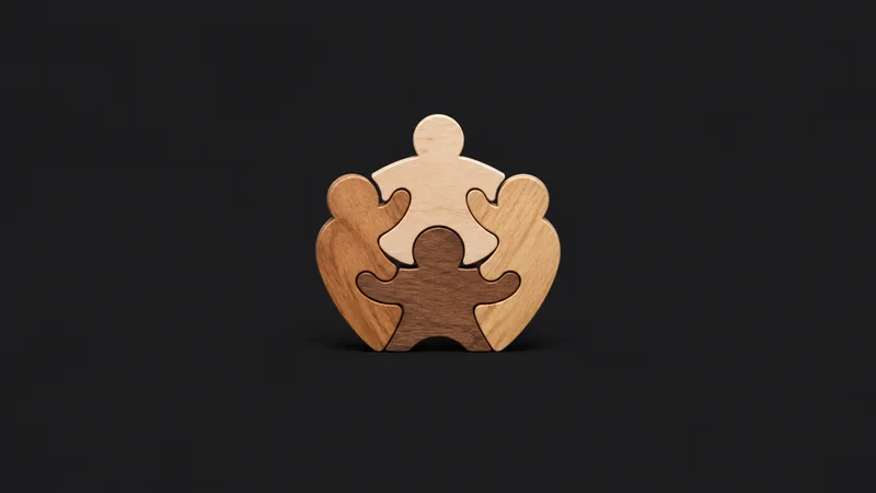 Isolated a wooden puzzle of interlocking figure pieces centred on a seamless deep charcoal near-black studio background, generous empty margin on every side for overlaid branding