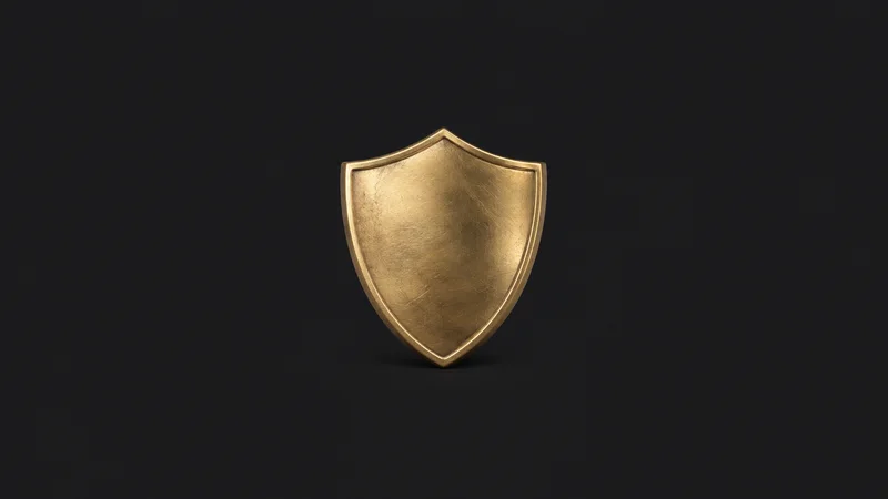 Isolated a brass paperweight shaped as a shield centred on a seamless deep charcoal near-black studio background, generous empty margin on every side for overlaid branding