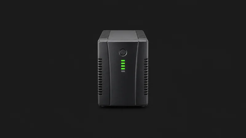 Isolated a compact desktop UPS with a battery indicator centred on a seamless deep charcoal near-black studio background, generous empty margin on every side for overlaid branding