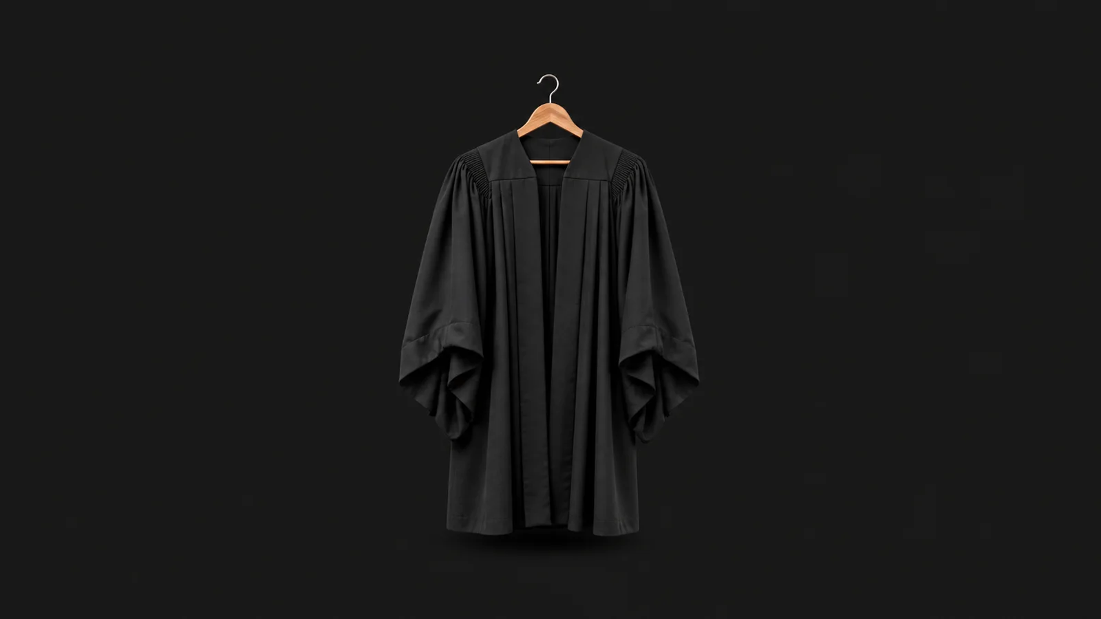 Isolated a black barrister's gown folded over a wooden hanger centred on a seamless deep charcoal near-black studio background, generous empty margin on every side for overlaid branding