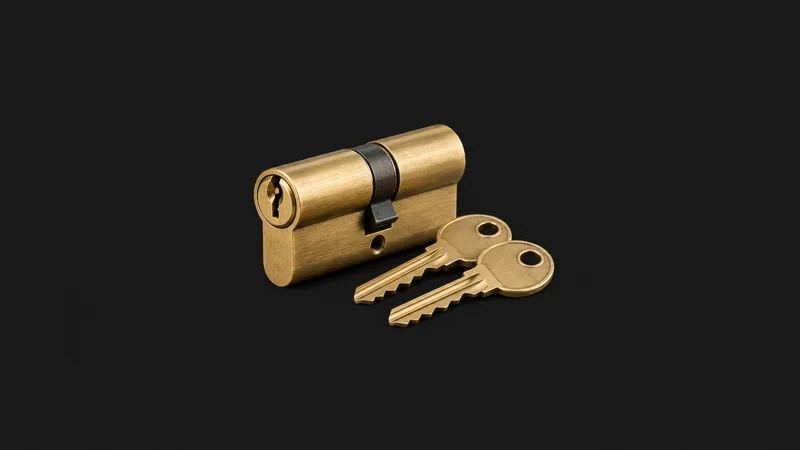 Isolated a brass yale lock cylinder with its two keys centred on a seamless deep charcoal near-black studio background, generous empty margin on every side for overlaid branding