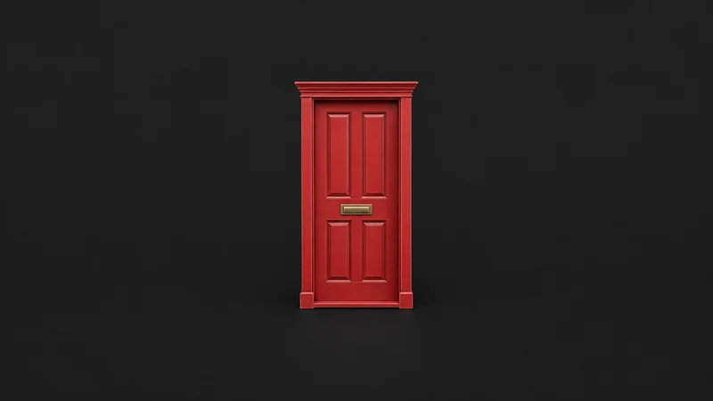 Isolated a red front door miniature with a brass letterbox centred on a seamless deep charcoal near-black studio background, generous empty margin on every side for overlaid branding