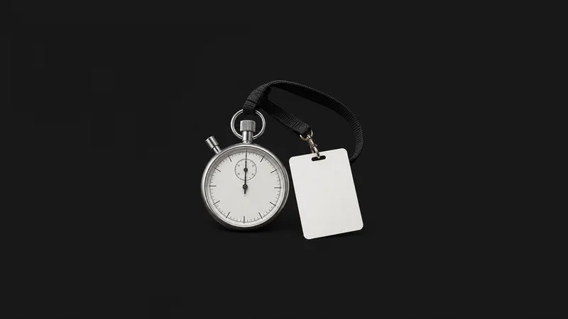 Isolated a stopwatch on a lanyard beside a blank scorecard centred on a seamless deep charcoal near-black studio background, generous empty margin on every side for overlaid branding