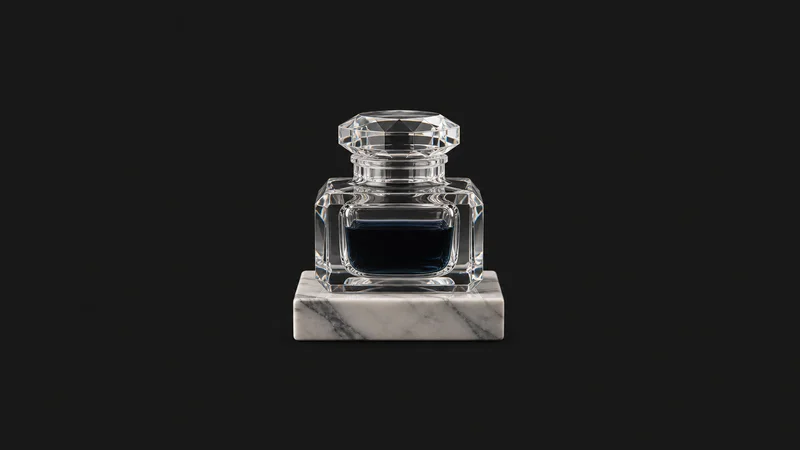 Isolated a fountain-pen inkwell in cut crystal on a marble base centred on a seamless deep charcoal near-black studio background, generous empty margin on every side for overlaid branding