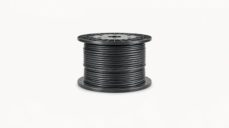 Isolated a coil of armoured fibre trunk cable on a spool centred on a seamless pale off-white studio background, generous empty margin on every side for overlaid branding