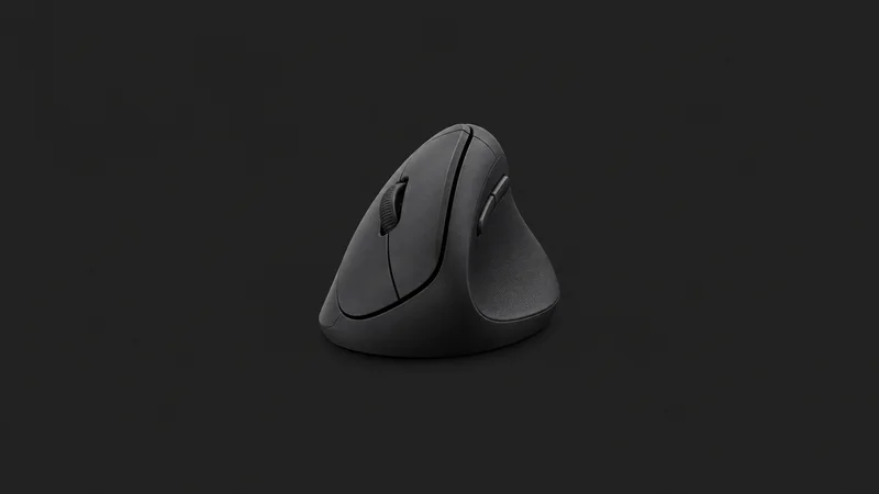 Isolated a compact vertical mouse with a matte finish centred on a seamless deep charcoal near-black studio background, generous empty margin on every side for overlaid branding