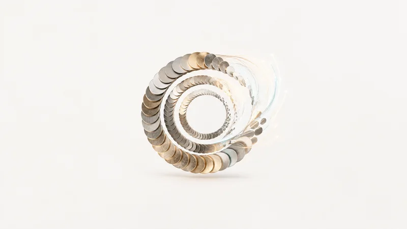 Abstract concentric rings of coin-like discs dissolving into flowing light motif centred on a seamless pale off-white studio background, generous empty margin for overlaid branding