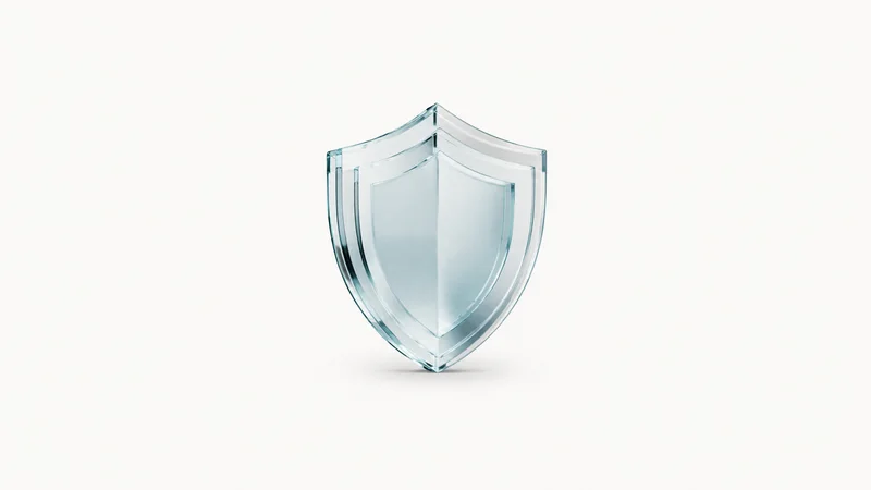 Abstract a shield silhouette built from layered glass plates motif centred on a seamless pale off-white studio background, generous empty margin for overlaid branding