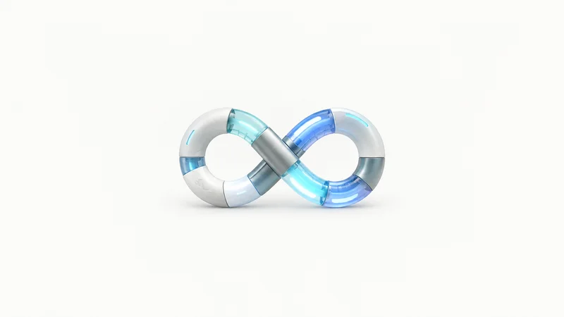 Abstract a looping infinity ribbon of glowing pipeline segments motif centred on a seamless pale off-white studio background, generous empty margin for overlaid branding