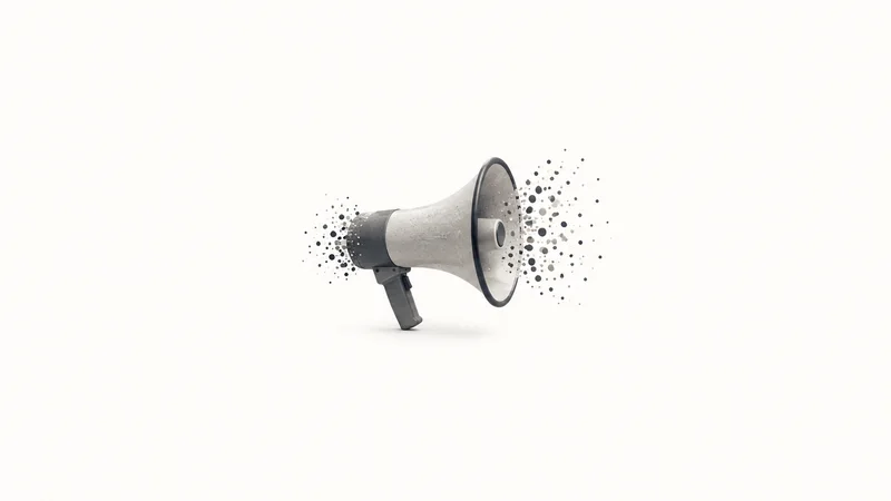 Abstract a megaphone silhouette scattering into a cloud of dots motif centred on a seamless pale off-white studio background, generous empty margin for overlaid branding