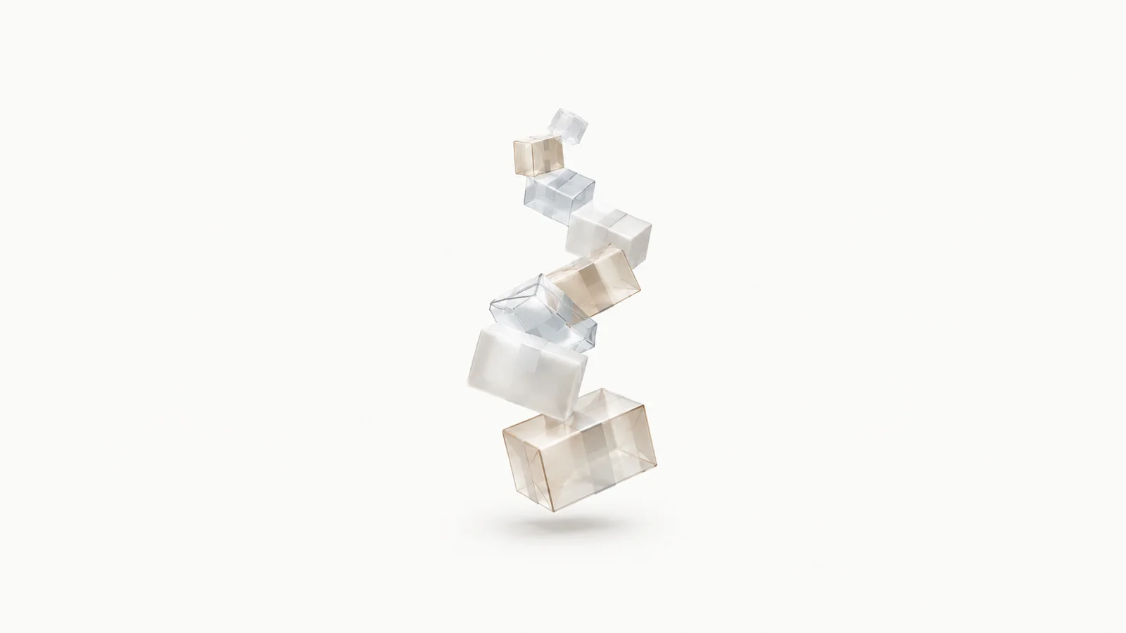 Abstract cascading translucent parcel boxes tumbling in a helix motif centred on a seamless pale off-white studio background, generous empty margin for overlaid branding