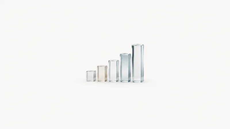 Abstract stacked bar-like glass columns of varying heights in soft light motif centred on a seamless pale off-white studio background, generous empty margin for overlaid branding