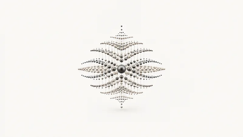 Abstract concentric layered planes of dots converging to a single point motif centred on a seamless pale off-white studio background, generous empty margin for overlaid branding