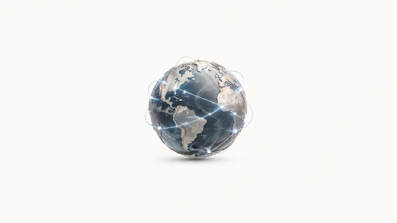 Abstract a global sphere wrapped in luminous connection arcs motif centred on a seamless pale off-white studio background, generous empty margin for overlaid branding