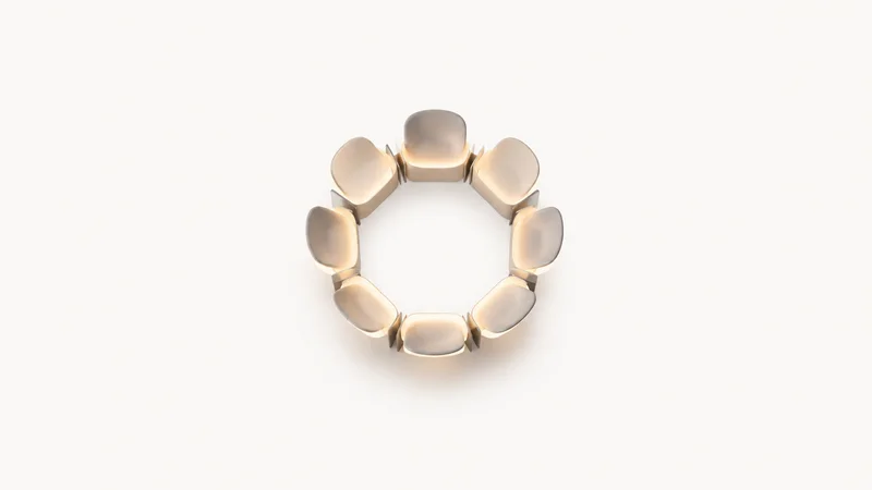 Abstract a ring of glowing silhouetted seats arranged around a hollow centre motif centred on a seamless pale off-white studio background, generous empty margin for overlaid branding