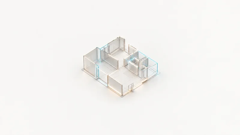 Abstract a wireframe floor plan of glowing lines lifting into three dimensions motif centred on a seamless pale off-white studio background, generous empty margin for overlaid branding