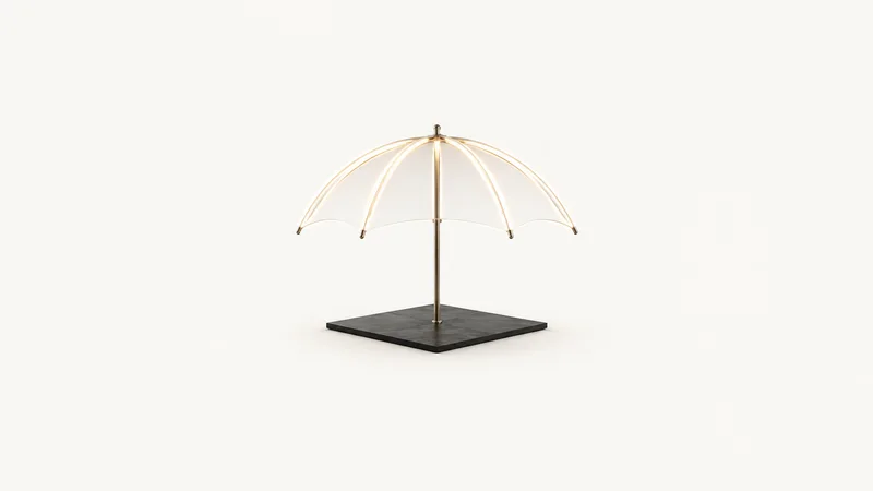 Abstract an umbrella canopy of glowing ribs opening over a dark plane motif centred on a seamless pale off-white studio background, generous empty margin for overlaid branding