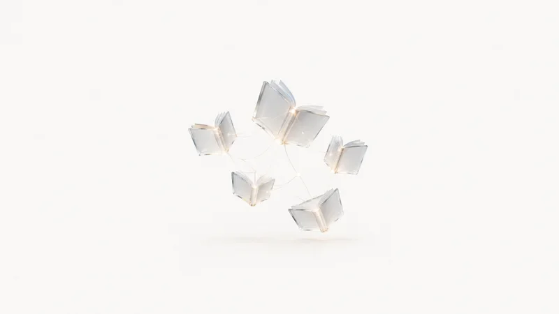 Abstract a constellation of translucent book shapes linked by threads of light motif centred on a seamless pale off-white studio background, generous empty margin for overlaid branding