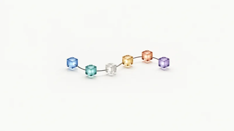 Abstract a chain of luminous cubes passing along a curving line motif centred on a seamless pale off-white studio background, generous empty margin for overlaid branding