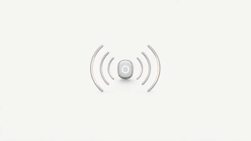 Abstract concentric signal arcs radiating from a small luminous device outline motif centred on a seamless pale off-white studio background, generous empty margin for overlaid branding