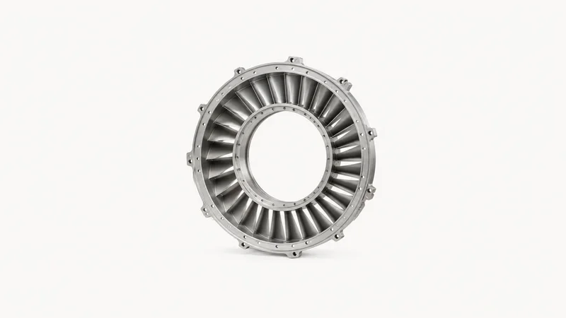 Isolated a bare aero-engine compressor stator ring centred on a seamless pale off-white studio background, generous empty margin on every side for overlaid branding