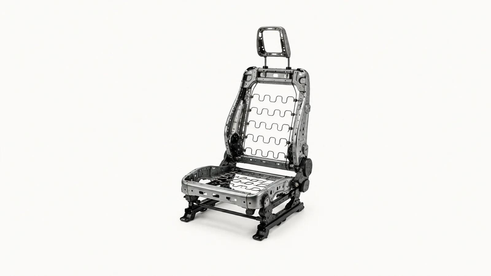 Isolated a car seat frame with springs and no upholstery centred on a seamless pale off-white studio background, generous empty margin on every side for overlaid branding