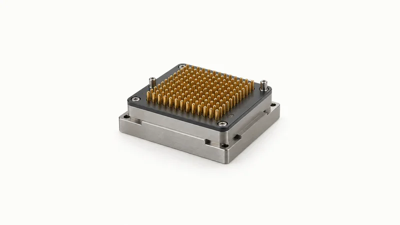 Isolated a bed-of-nails pogo-pin test fixture block centred on a seamless pale off-white studio background, generous empty margin on every side for overlaid branding