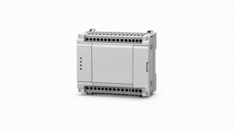 Isolated a DIN-rail PLC controller module without labels centred on a seamless pale off-white studio background, generous empty margin on every side for overlaid branding
