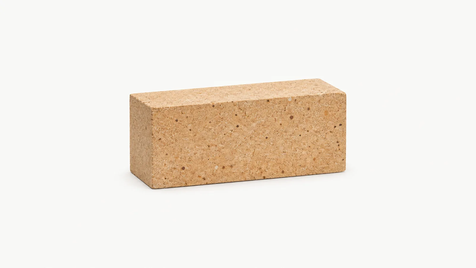 Isolated a foundry ladle refractory lining brick centred on a seamless pale off-white studio background, generous empty margin on every side for overlaid branding